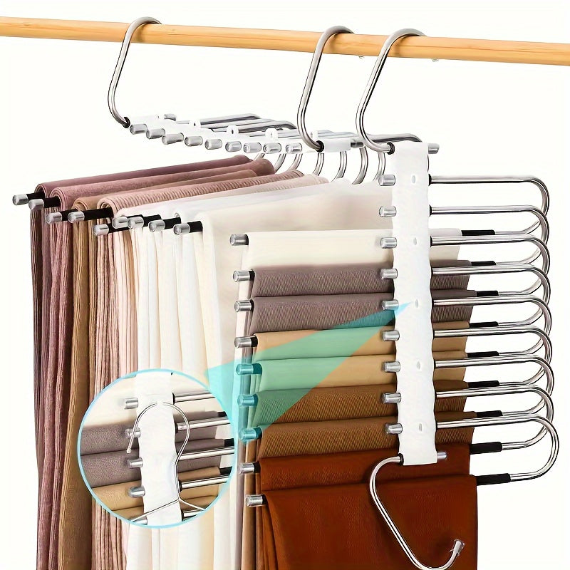 Stainless Steel 9-Tier Space-Saving Pants Hanger with Anti-Slip Coating and 5 Extra Hooks