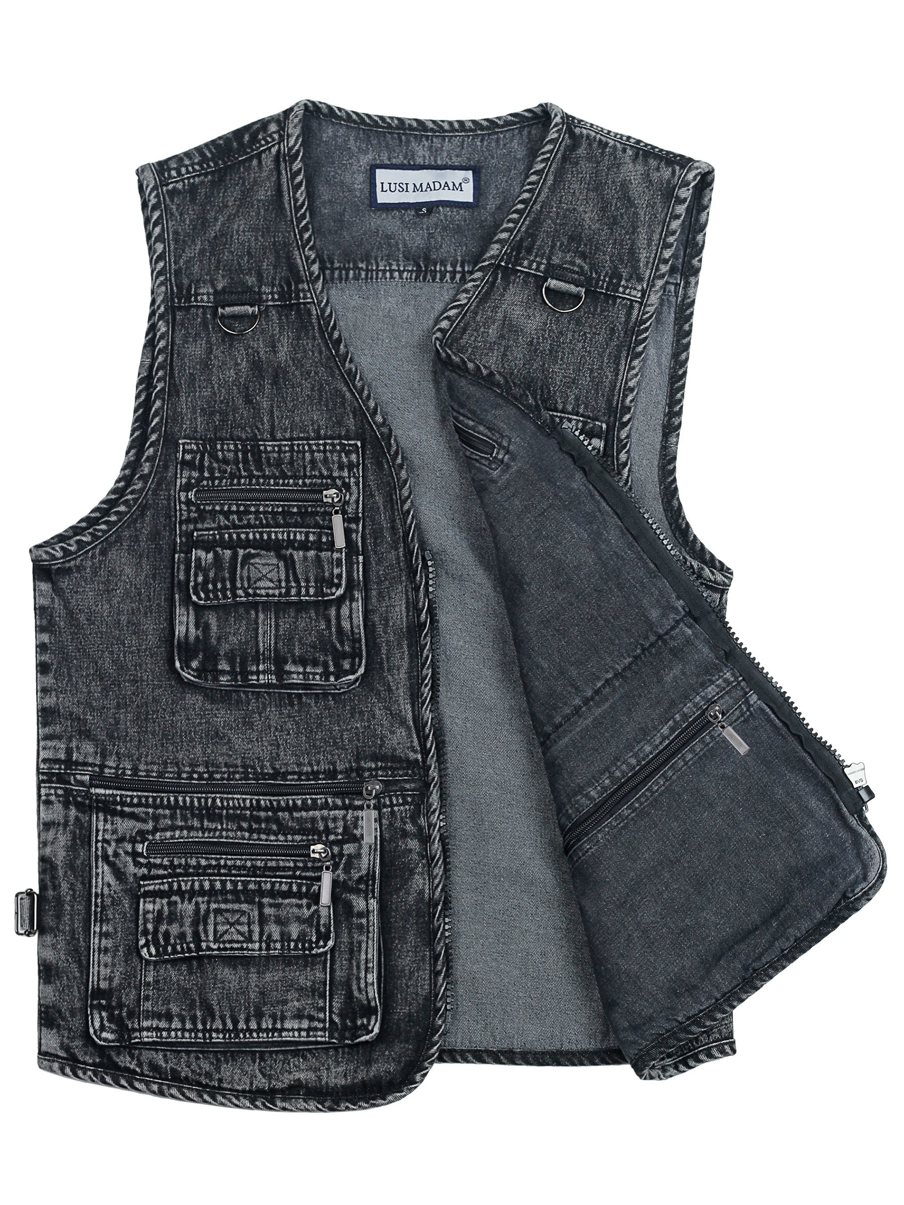 Men's Black Denim Zip-Up Vest with Multiple Pockets for Outdoor Activities