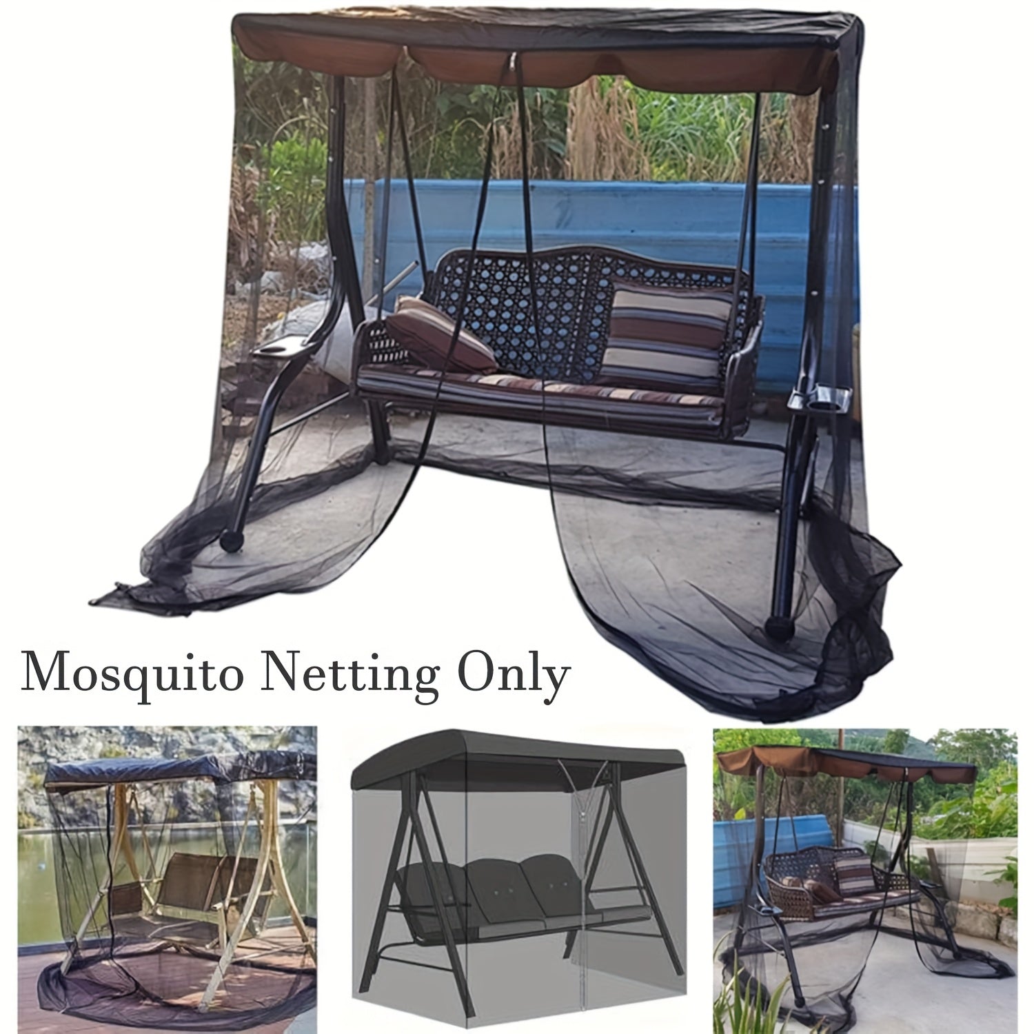 Black Patio Swing Chair Cover with Mosquito Net Waterproof Adjustable 124-203cm