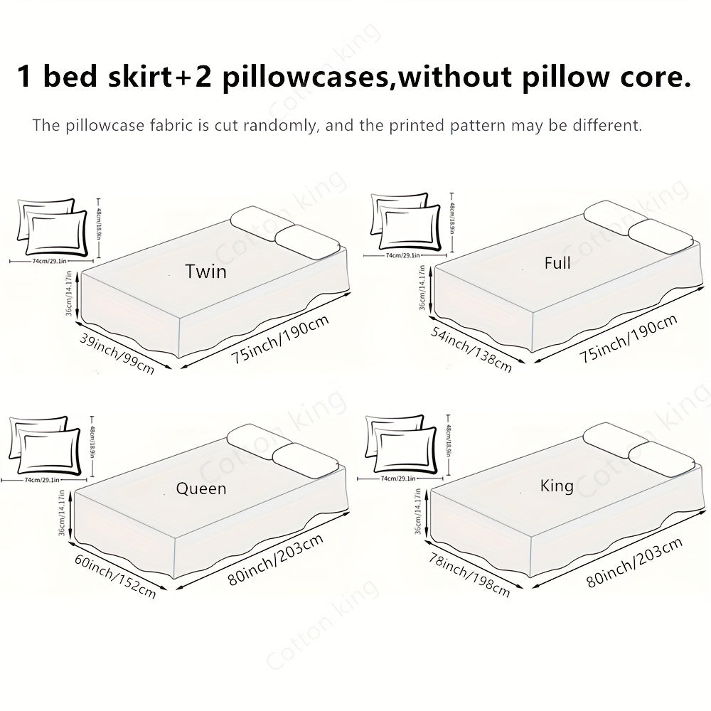 Three-Piece Macrame Bed Skirt Set with Flower Print Non-Slip Bedding for All Seasons