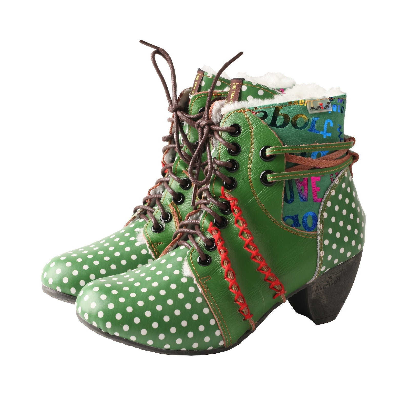Women's Winter Ankle Boots Leather Mid Heel Lace-Up with Print