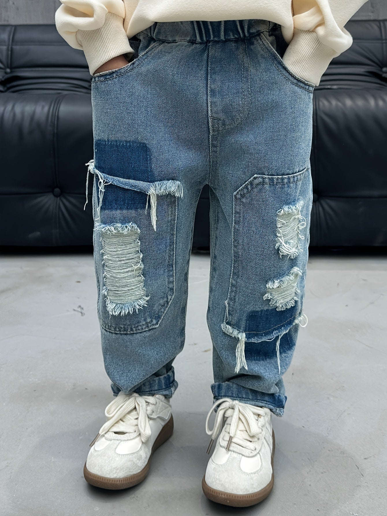 Мальчики Рваные джинсы из денима свободного кроя, хлопковая смесь, повседневные широкие брюки, весна-лето-осень