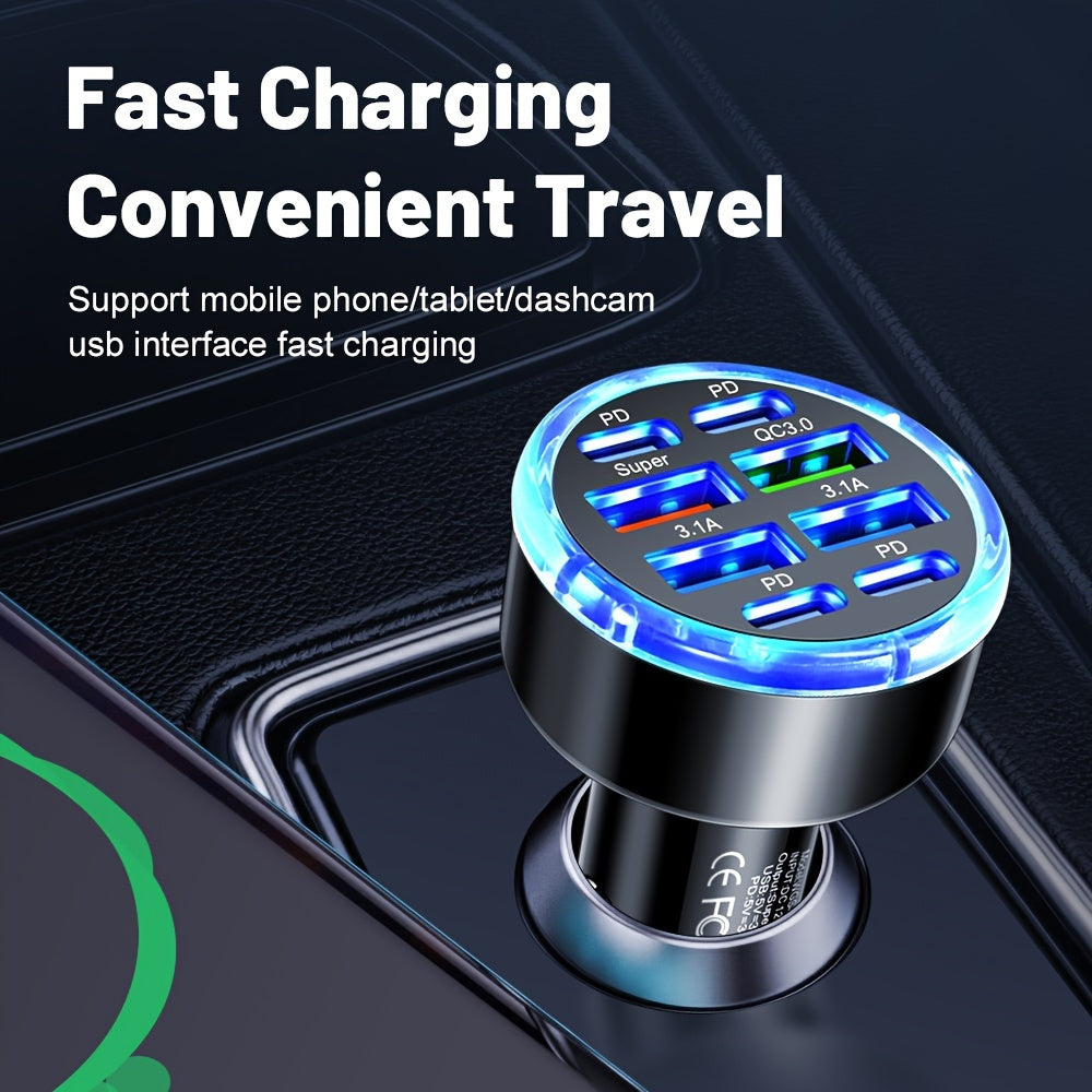 8-in-1 Fast Car Charger with USB Connectors for Phone and Tablet