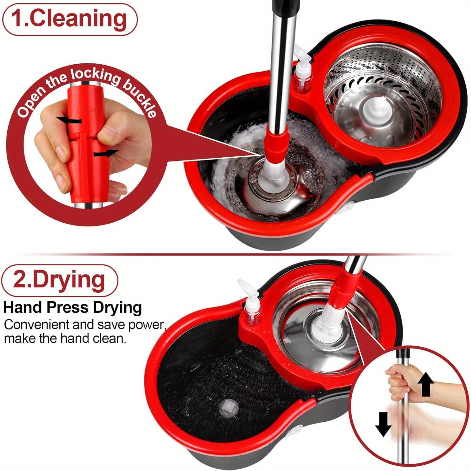 360° Rotating Mop and Bucket Set with Microfiber Heads and Adjustable Handle