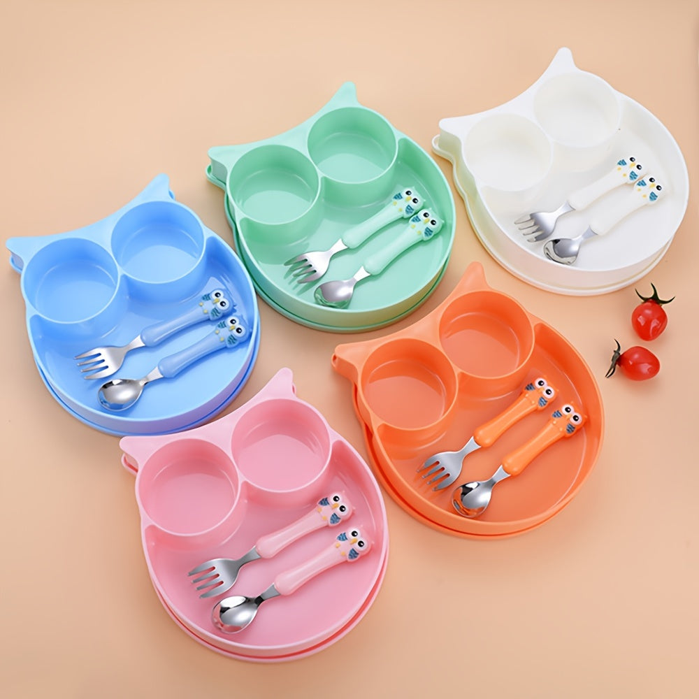 Kids Dinnerware Set 3-Piece Owl-Shaped Non-Toxic Polypropylene with Feeding Plate and Cutlery in Blue Pink Green Orange