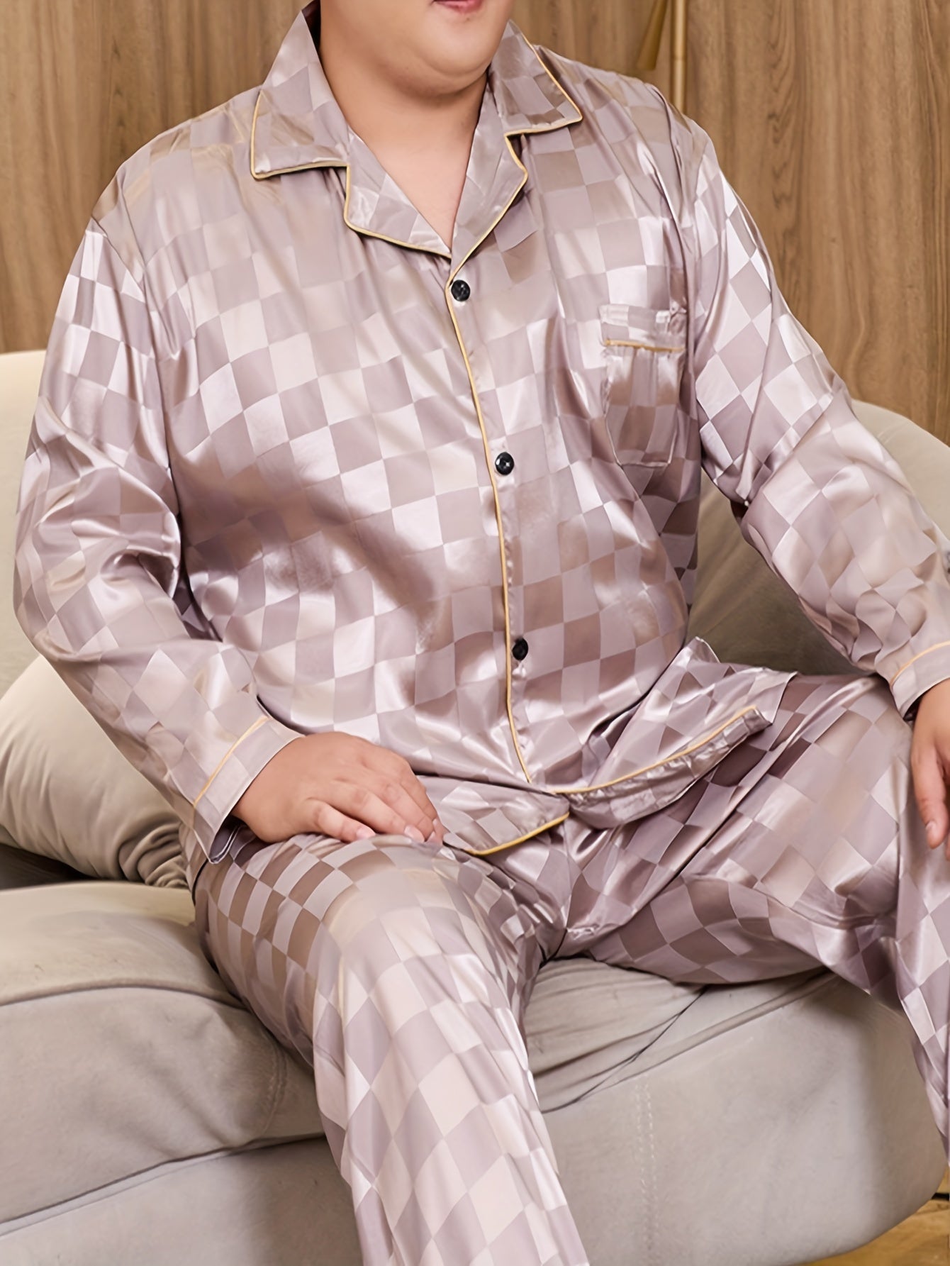 Conjunto de pijama de jacquard a cuadros casual para hombre, con camisa de manga larga y pantalones de cintura elástica, para todas las estaciones, tallas grandes