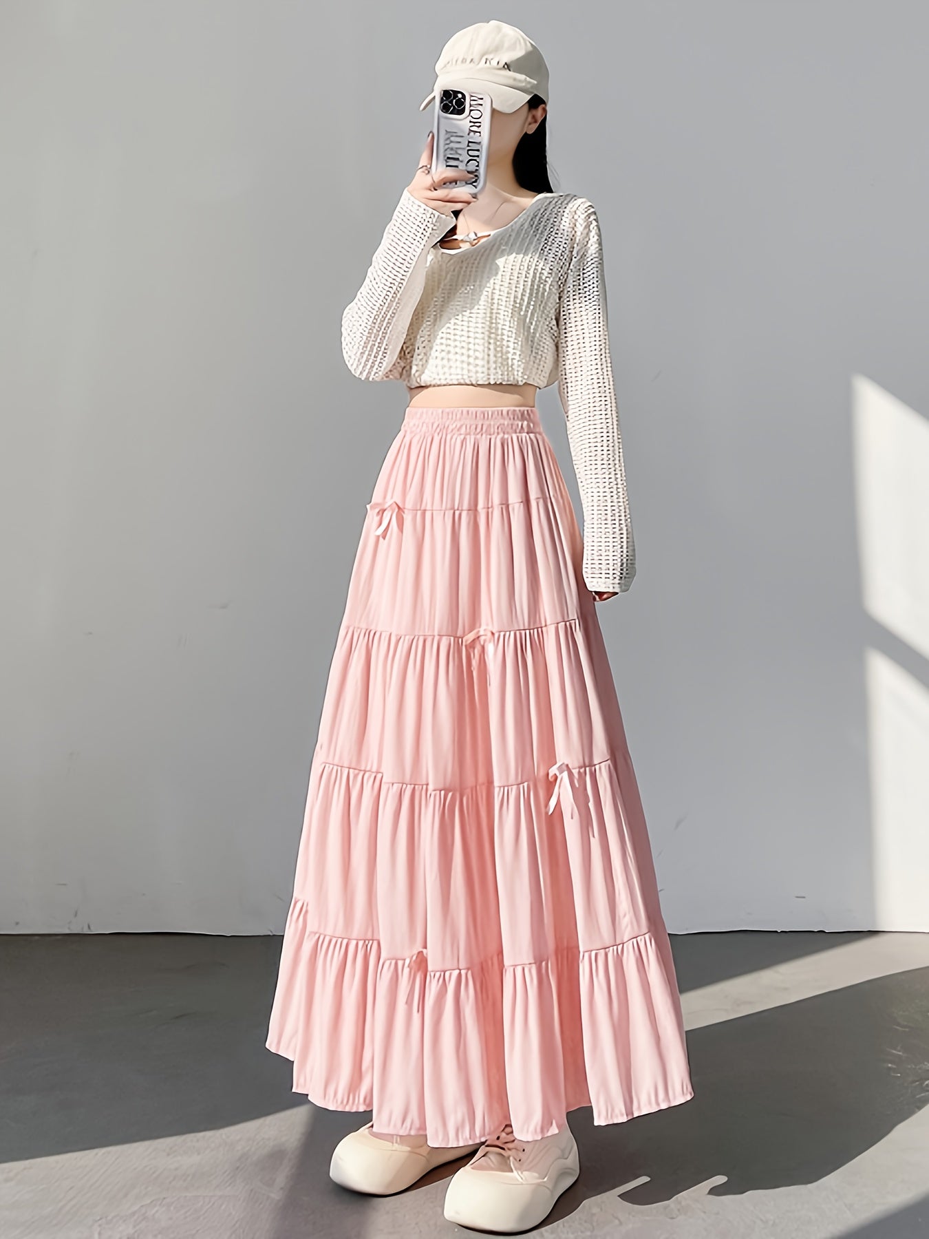 Women's Pastel Pink Tiered Midi Skirt High-Waisted Flowy A-Line