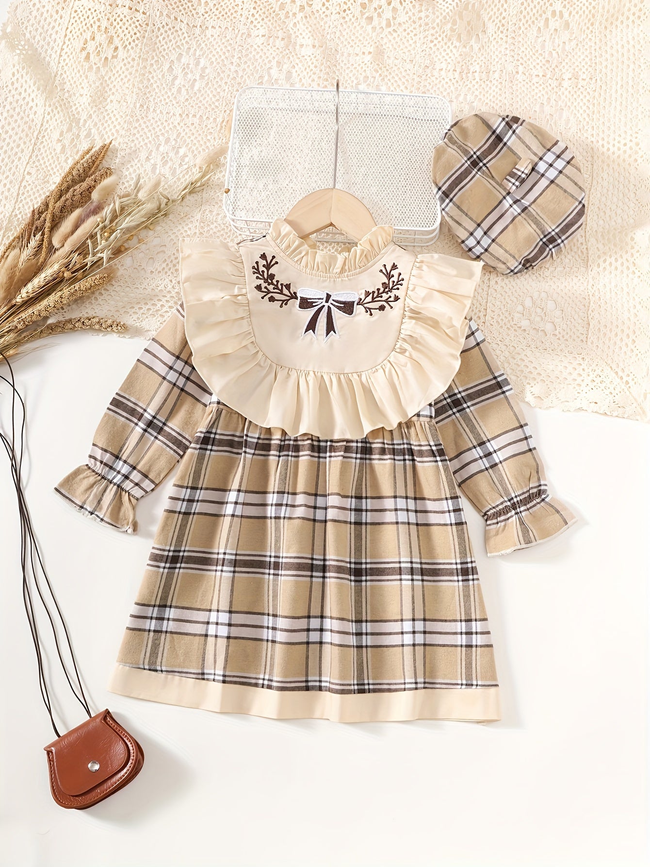 Girls' Plaid Long Sleeve Dress with Ruffle Trim and Matching Hat for Spring and Fall