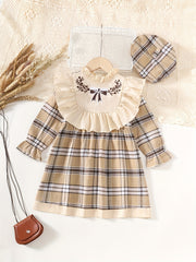 Girls' Plaid Long Sleeve Dress with Ruffle Trim and Matching Hat for Spring and Fall