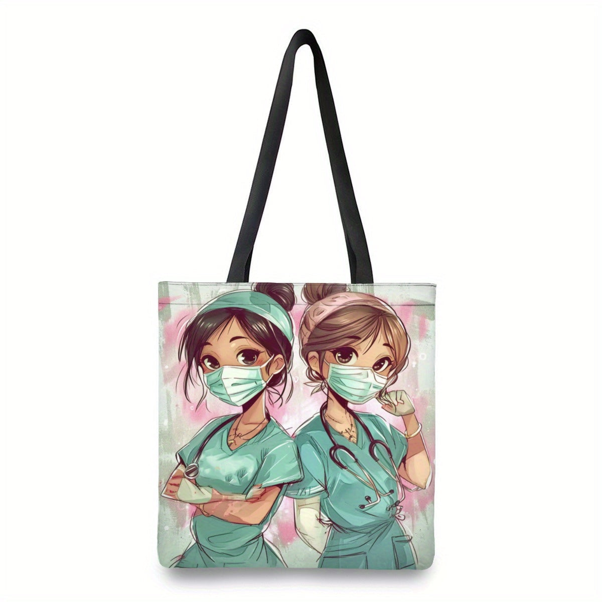 Large Capacity Shoulder Bag with Cartoon Nurse Print for Shopping and Daily Use