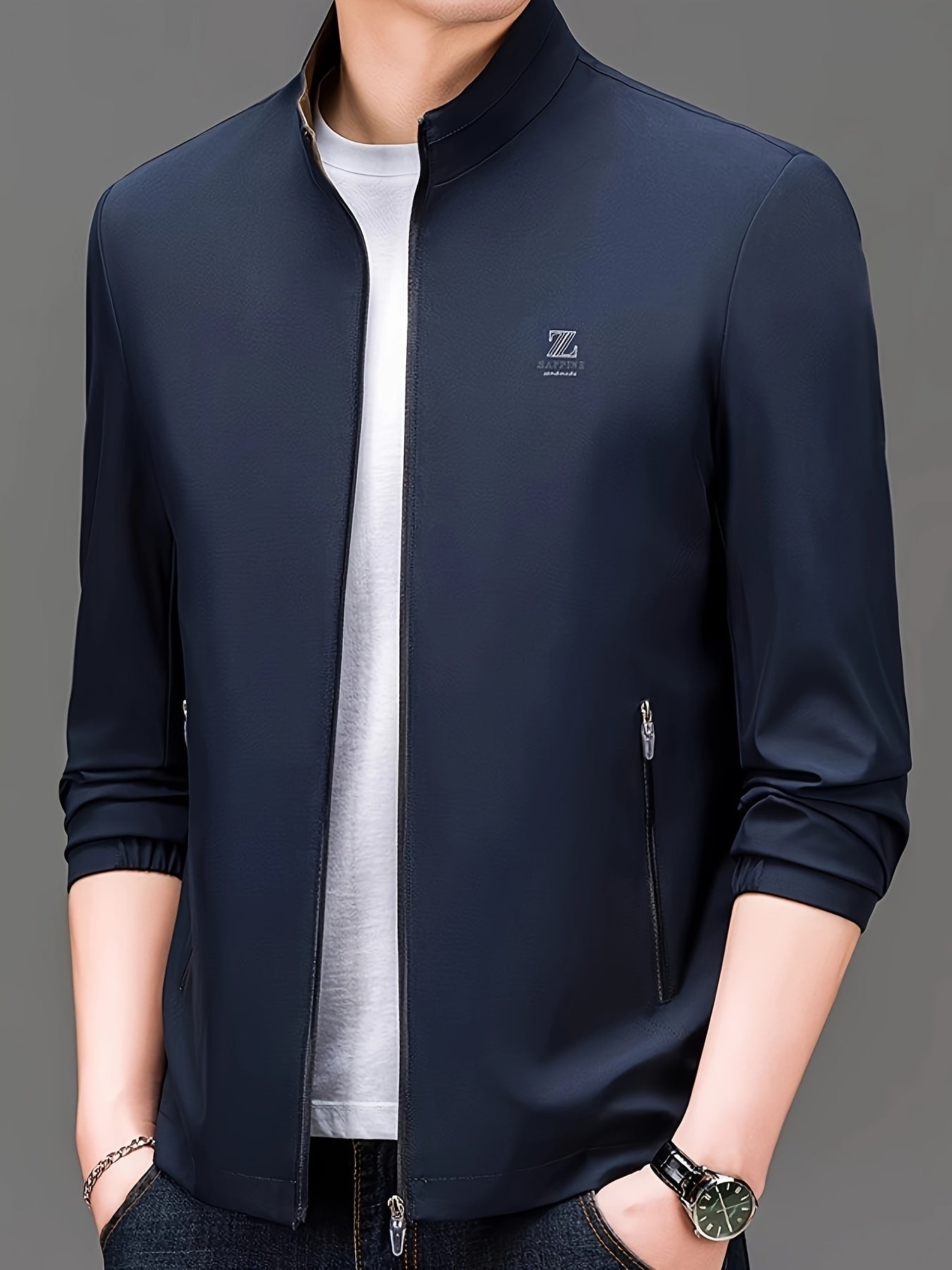 Men's Solid Color Polyester Woven Stand Collar Jacket for Spring Fall Regular Fit