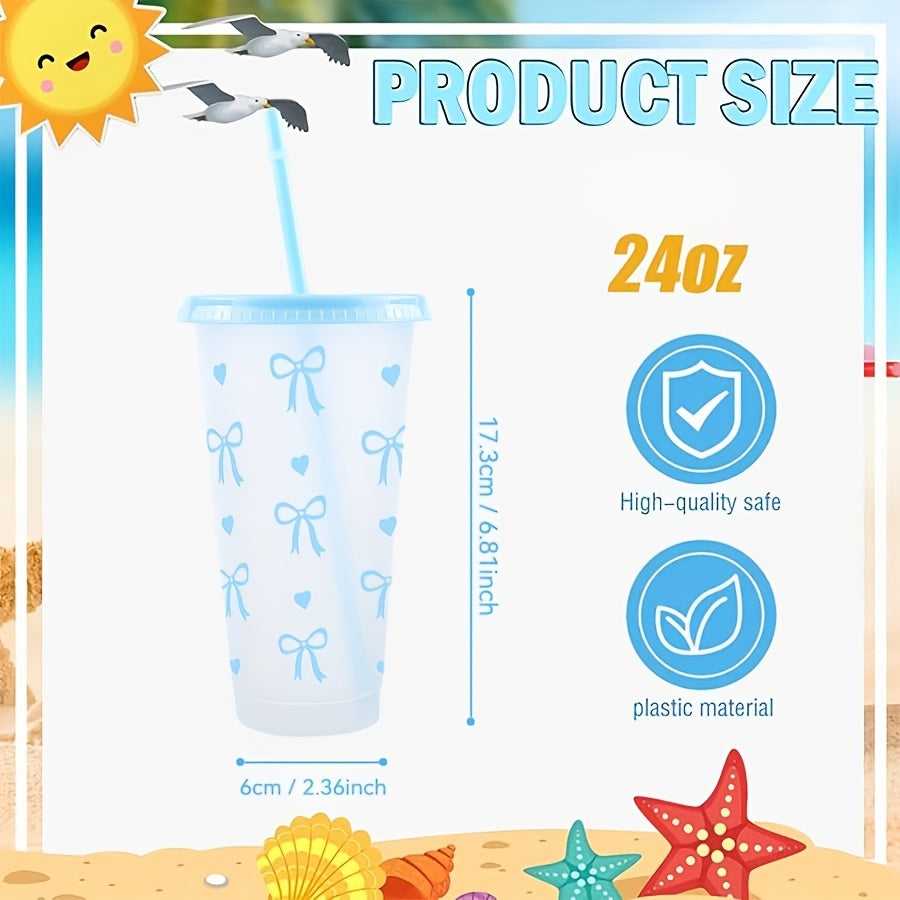 Reusable Plastic Water Cups with Lids and Straws Heart and Bow Print Leak-Proof and Reusable