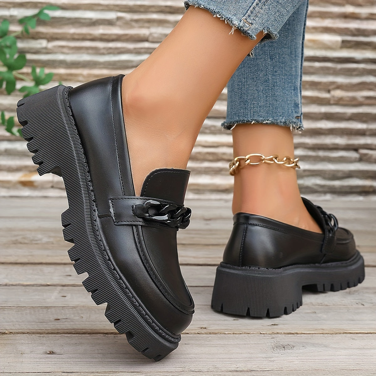 Women’s Black Loafers with Bow Slip-On Platform Casual Shoes