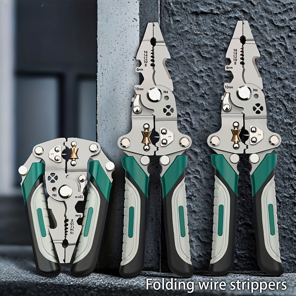 Multi-Tool Pliers for Electricians with Wire Strippers Cutters and Crimper Green Gray Handles
