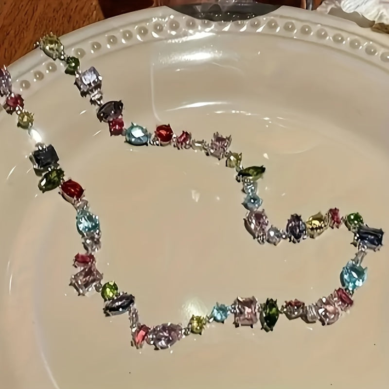 Rainbow Crystal Zirconia Necklace Alloy UV Plated Elegant Jewelry
