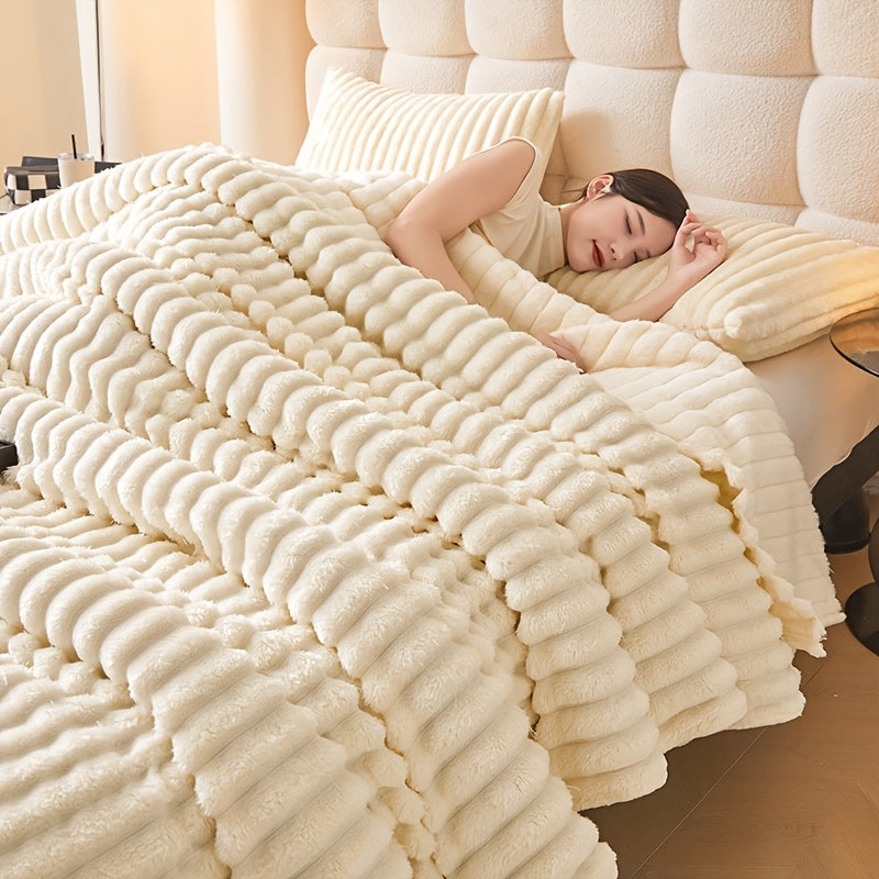 Faux Rabbit Fur Blanket Throw with Striped Flannel for Sofa Bed All-Season Comfort