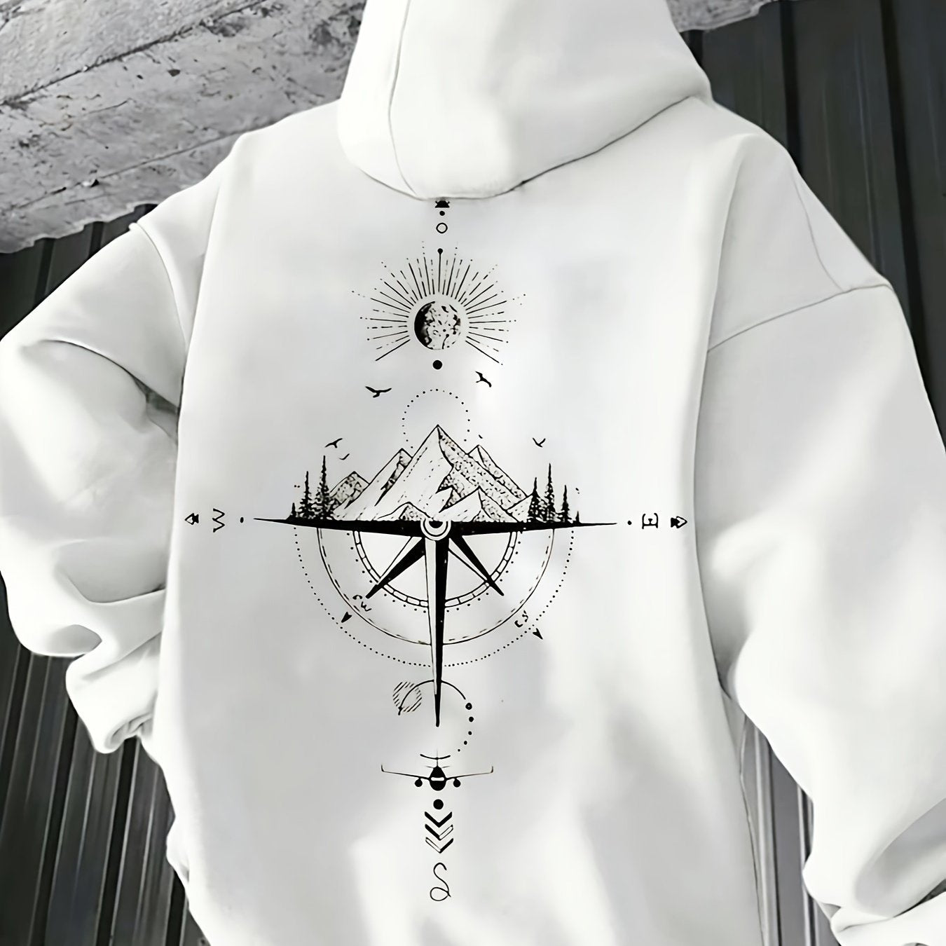 Erkaklar uchun Galaktika naqshli kapüşonli sviter, Fransuz terri fleyse, 100% polyester, cho'zilgan kesim, cho'ntak detali bilan, tasodifiy sport uslubi.