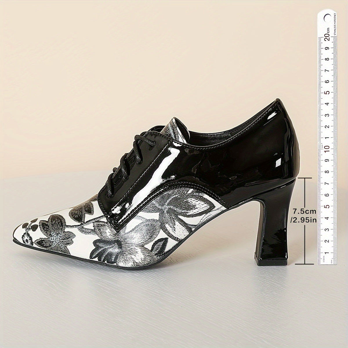 Women's Floral Brogue Mary Jane Pumps Pointed Toe Block Heel