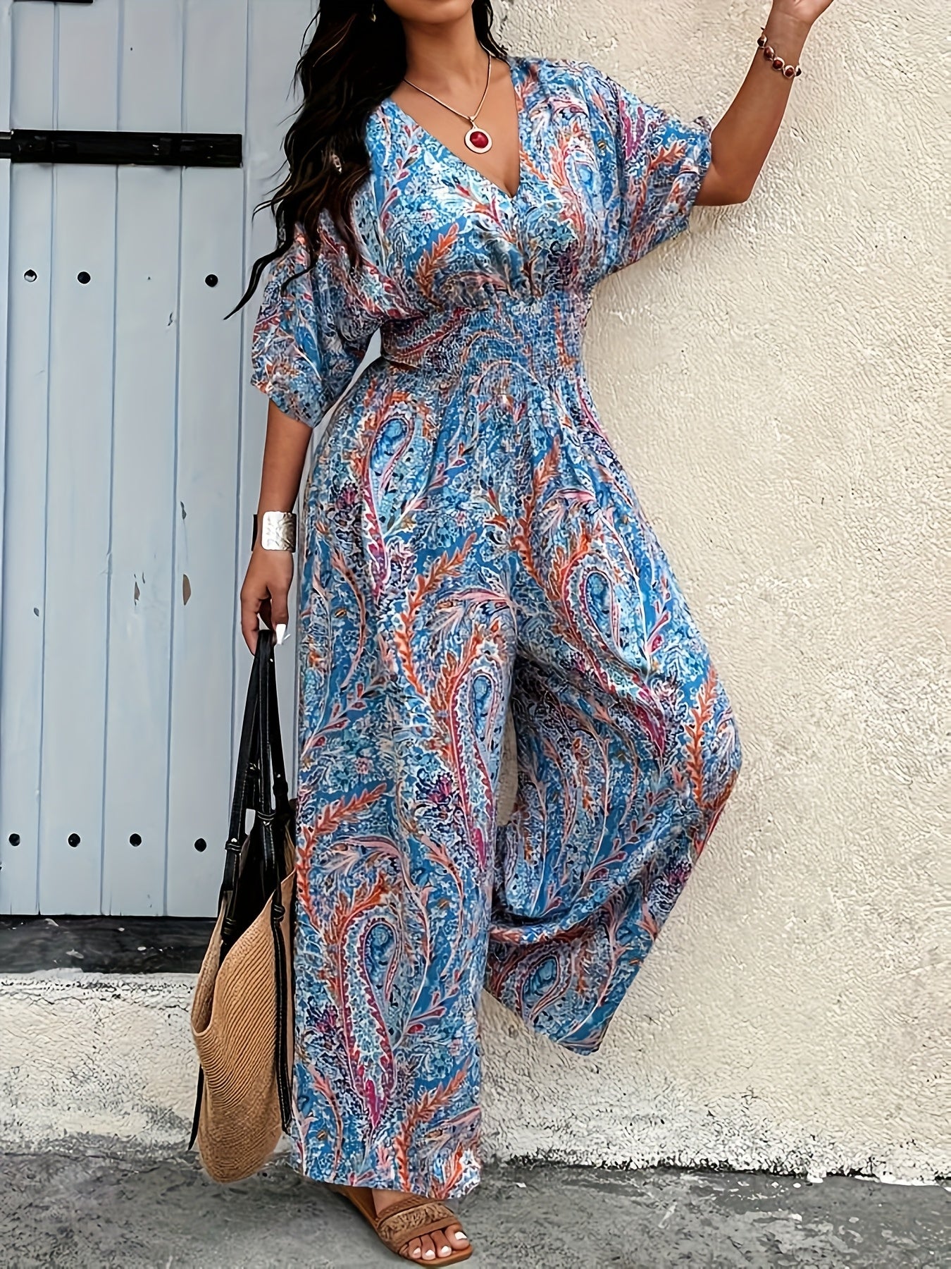 Mono de mujer de talla grande con estampado bohemio y cintura ajustada