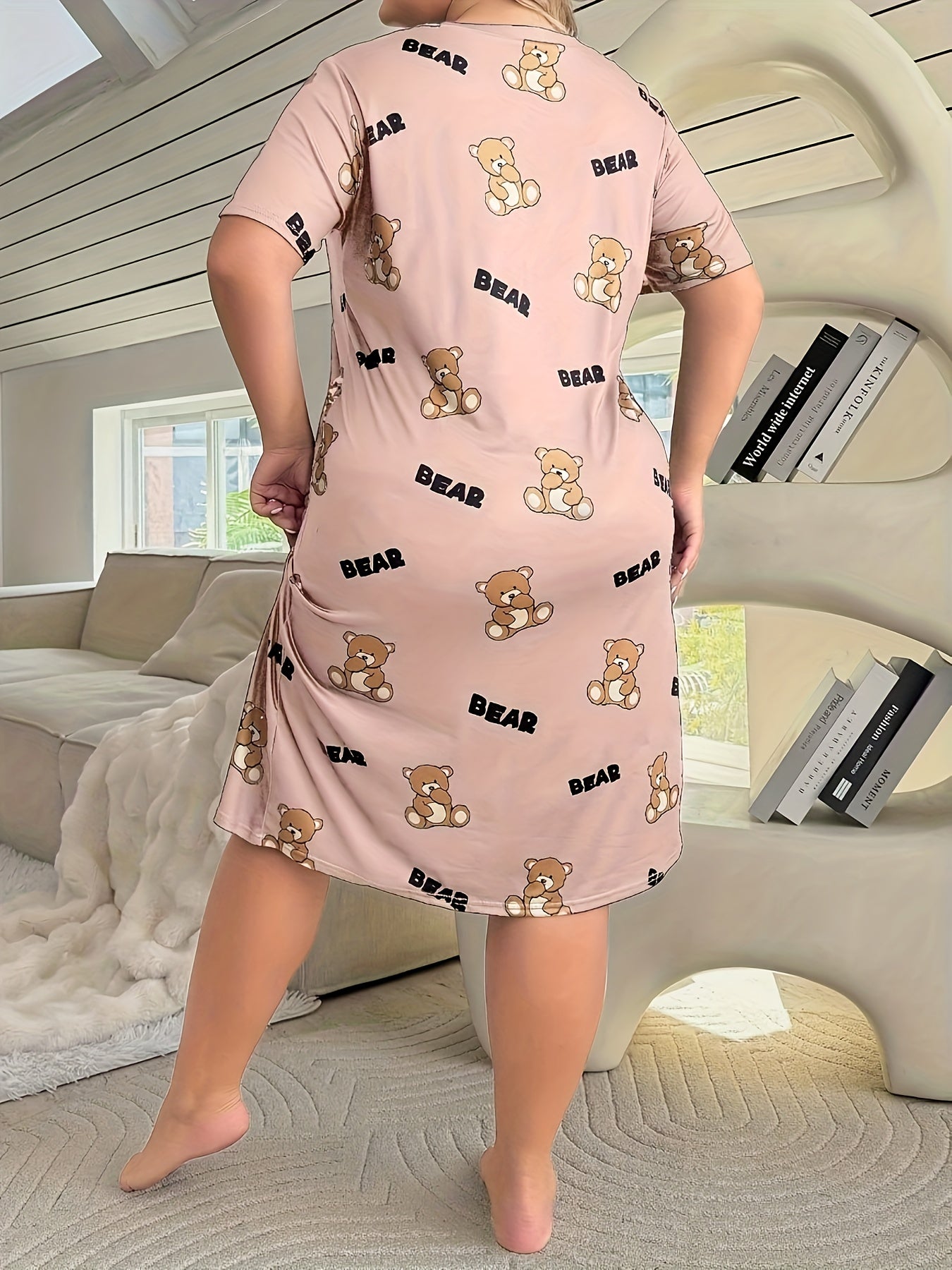 Camisón de dormir con estampado geométrico retro para mujer de tallas grandes, vestido de descanso con mangas cortas