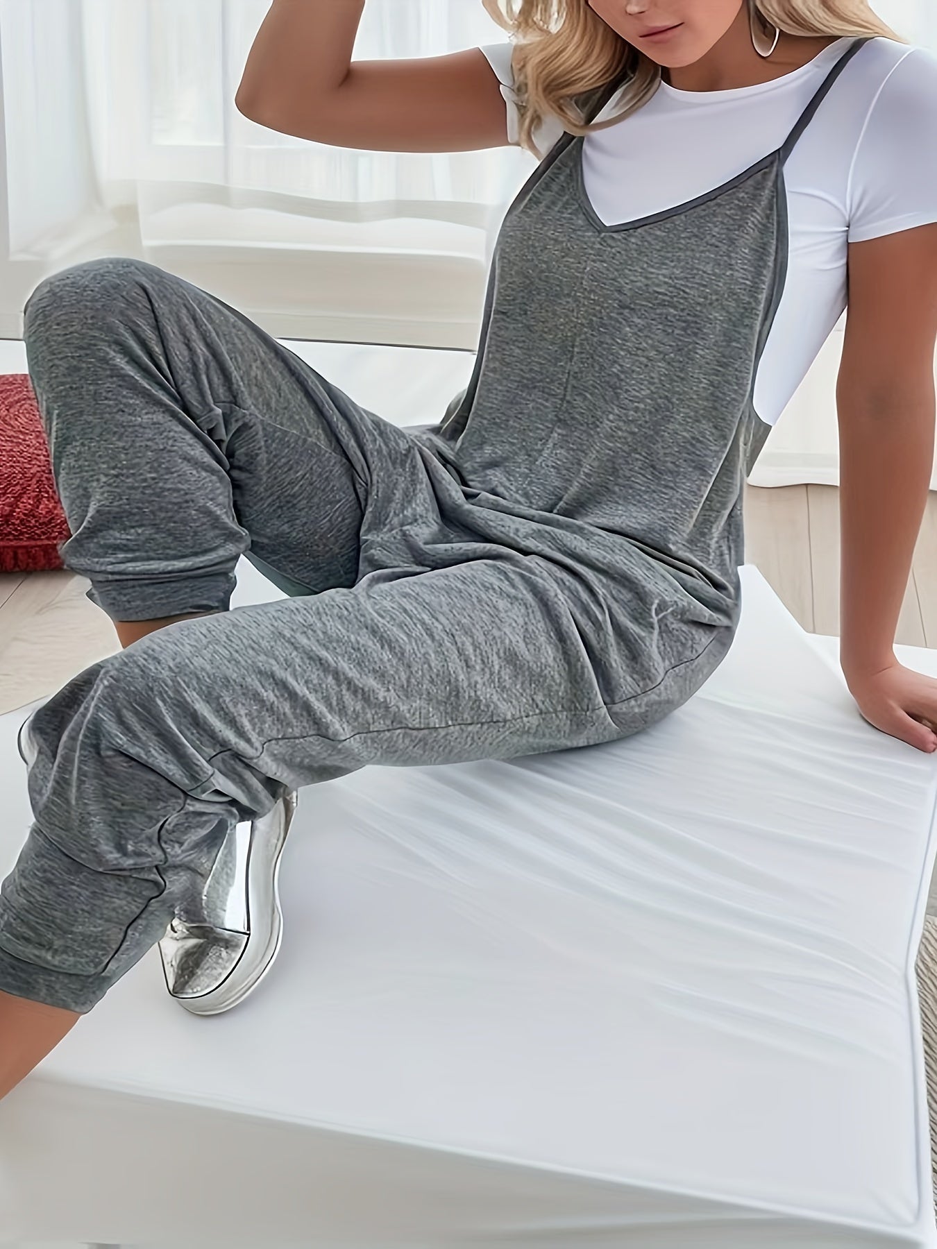 Women's Plus Size Solid Pocket Jumpsuit V-Neck Casual Summer Overall