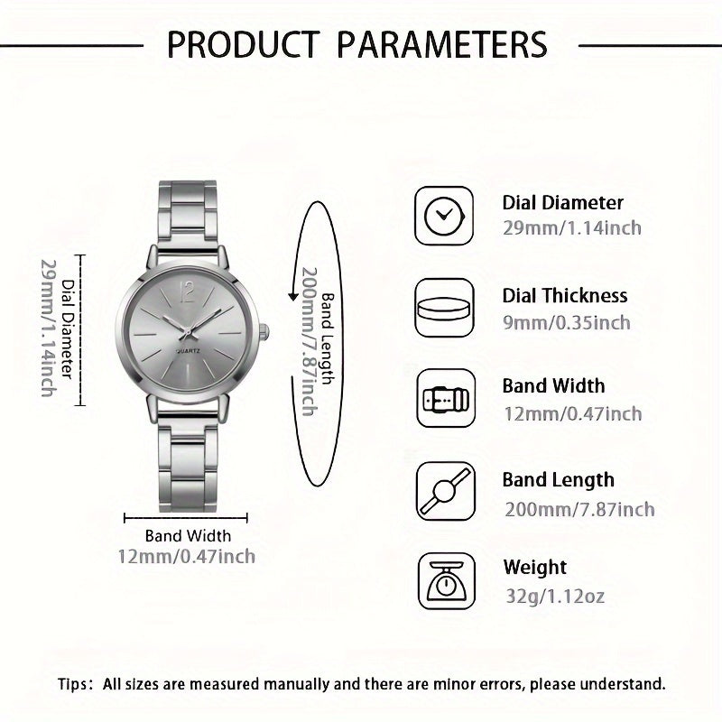 Set of 2 Silver Steel Strap Quartz Watches for Women with Bracelet Gift Set