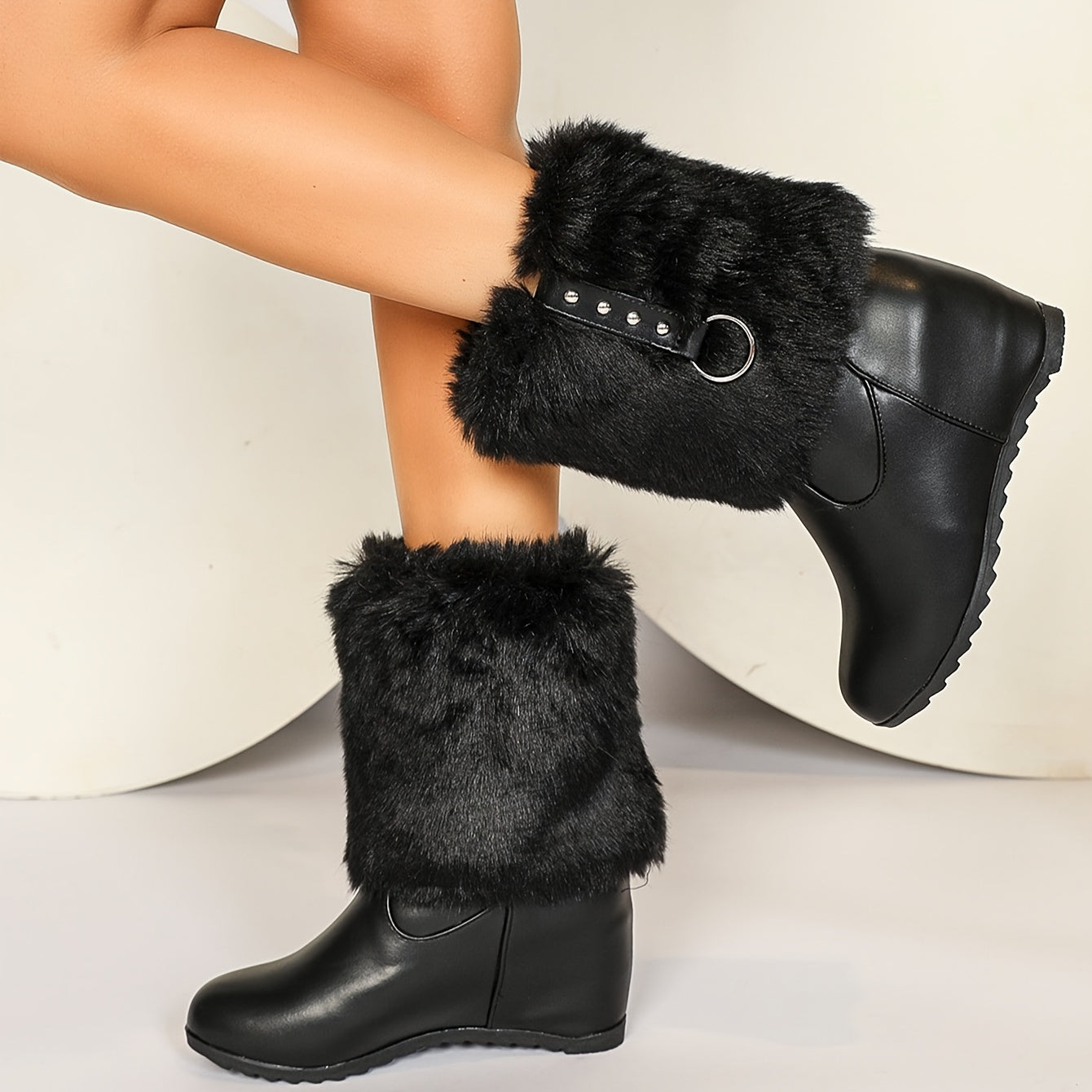 Plus Size Women's Black And White Chunky Lace-Up Ankle Boots With Pointed Toe