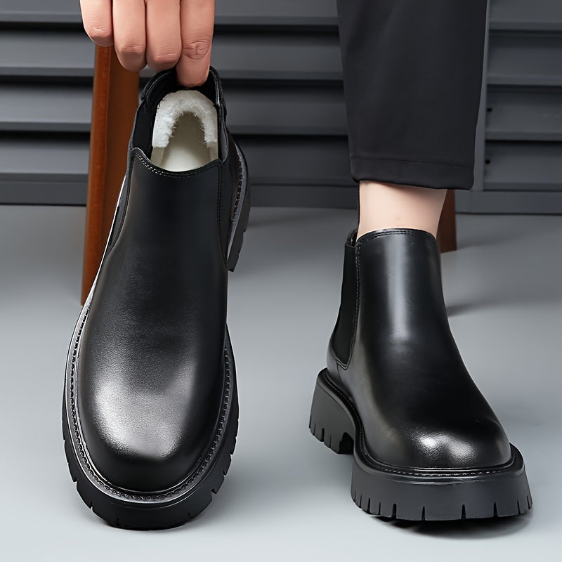 Botines de invierno para hombre con forro de felpa y slip-on, con punta redonda y suela de goma, negro sintético