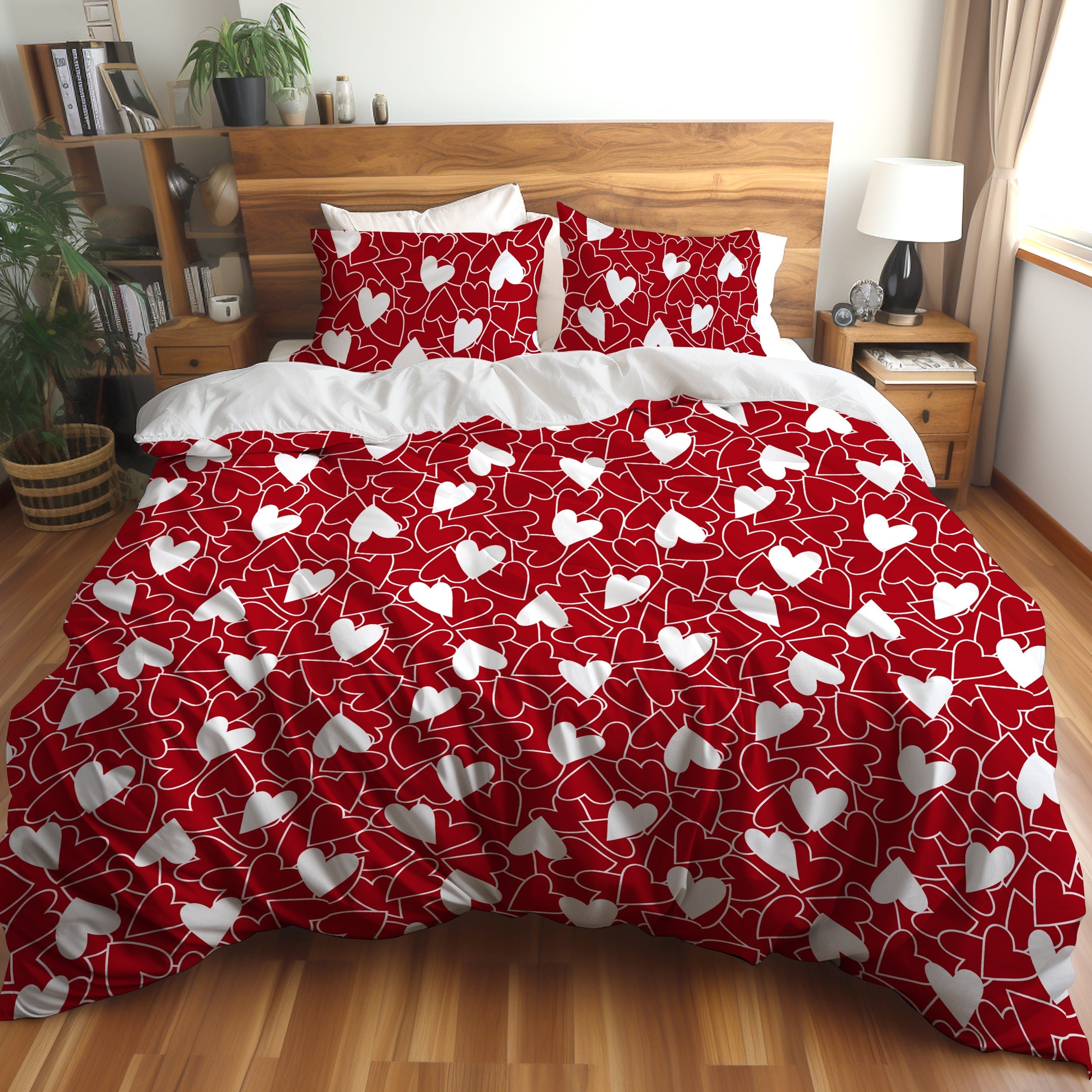 Valentine's Day Heart Print Bedding Set Duvet Cover and Pillowcases Soft and Skin-Friendly