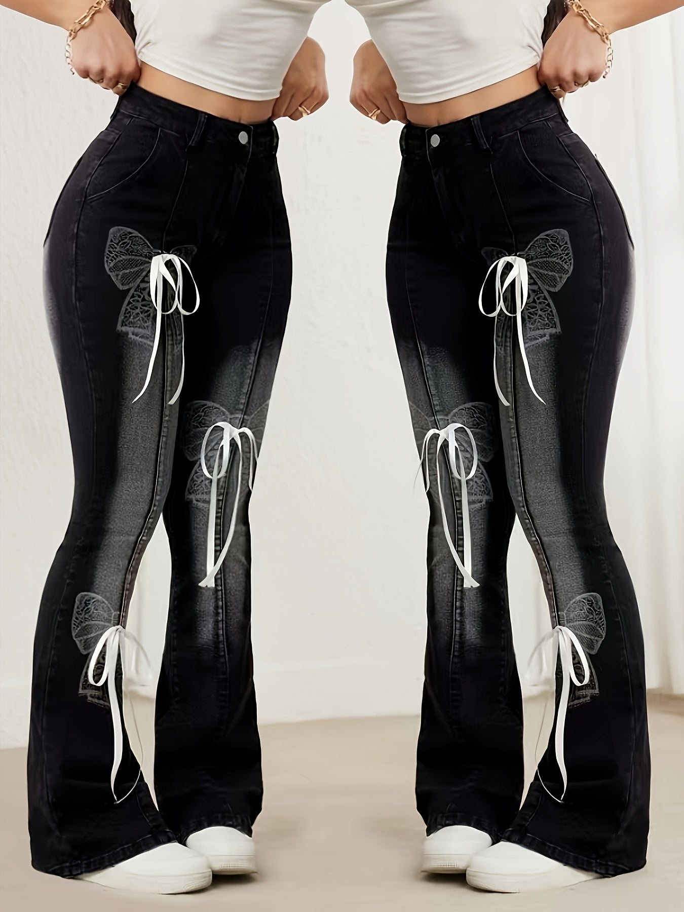 Plus Size Denim Flare Pants With Bow Print Casual Summer Women