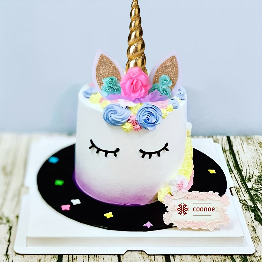 Unicorn Cake Topper Set with Gold Horn and Eyelashes for Birthday Cakes