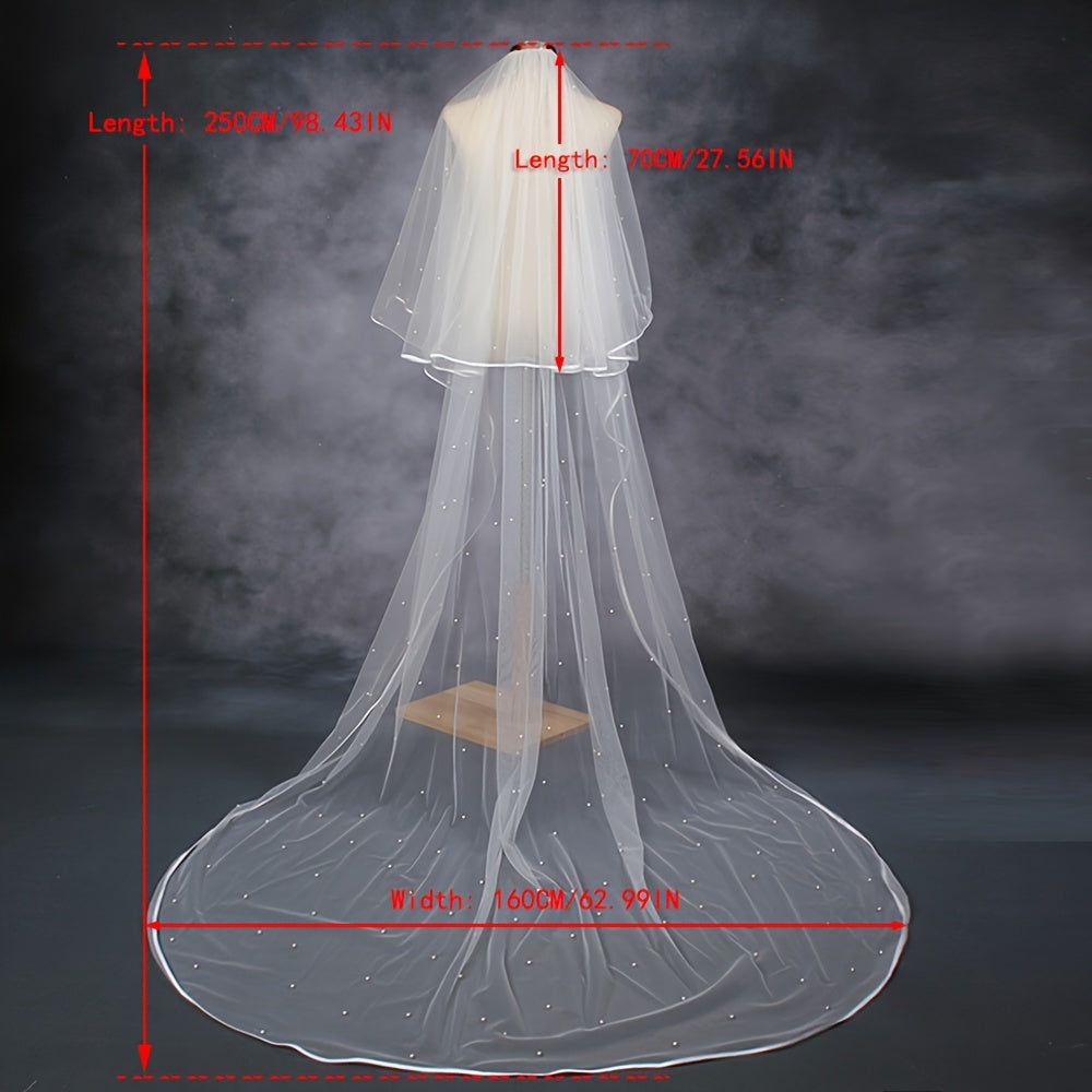 Double Pearl Veil for Brides with 2.5 Meters Length Church Ribbon Hem Hair Comb