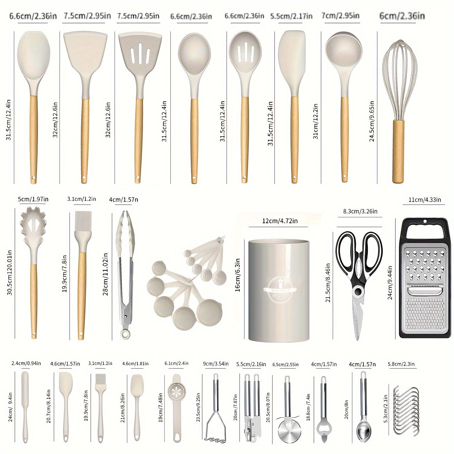 Набор из 44 предметов с деревянными ручками, силиконовой антипригарной посудой с кухонным шпателем, ложкой, теркой из нержавеющей стали, открывалкой для бутылок и набором кухонных инструментов