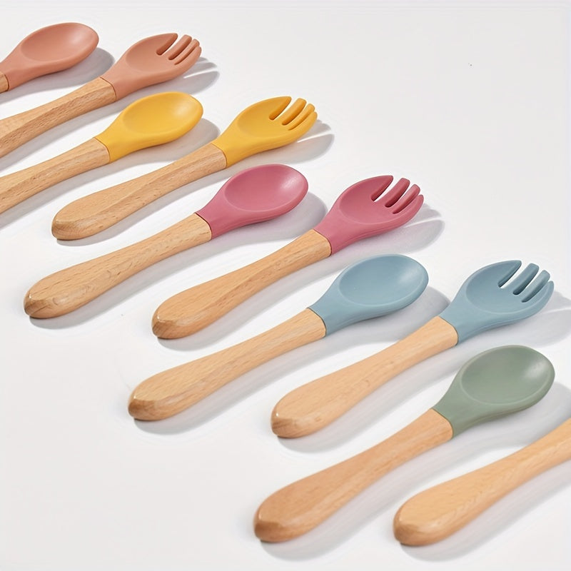 Baby Feeding Utensils Set Silicone Spoon and Fork with Wooden Handles for Training
