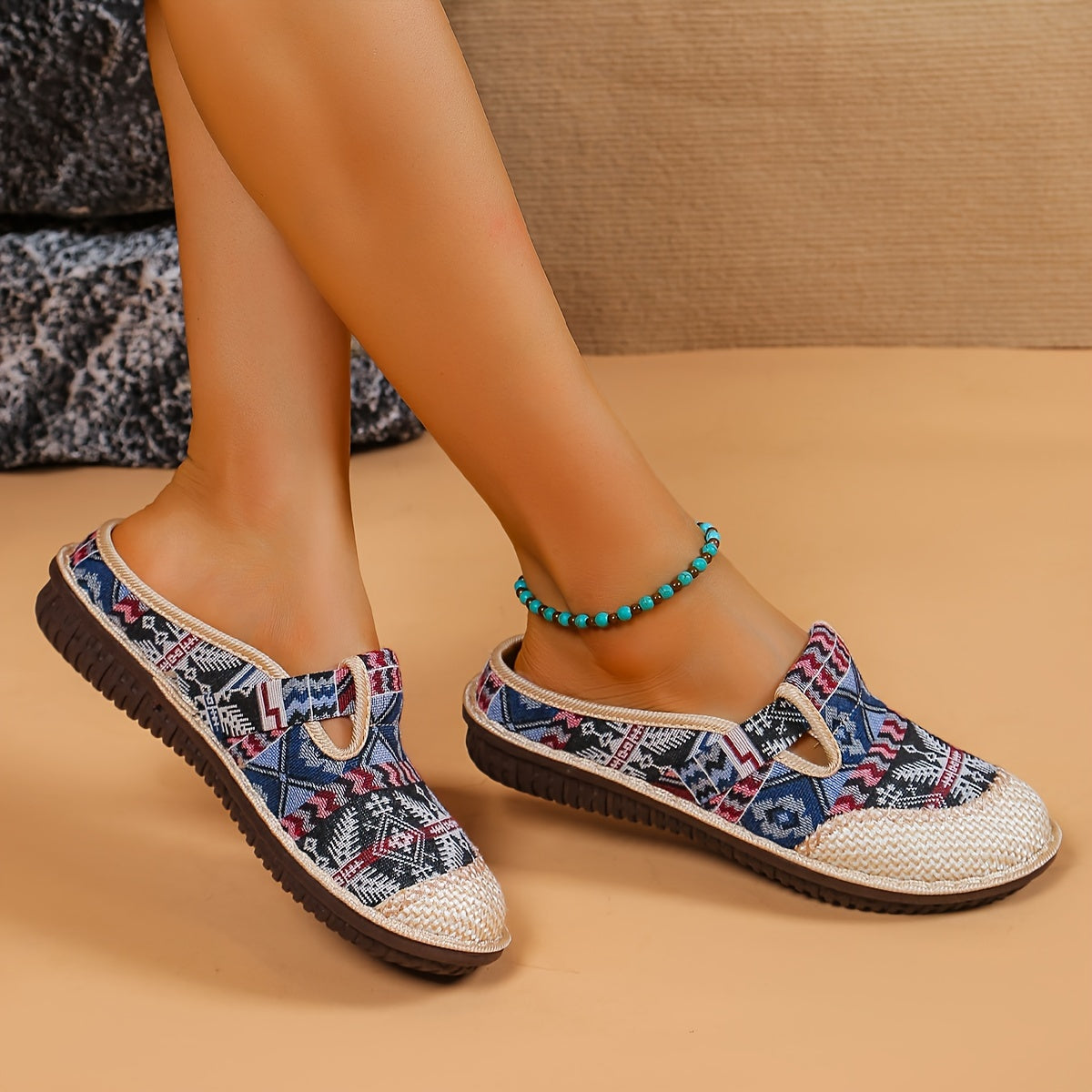 Women's Geometric Linen Mules with Round Toe Non-slip Flat Shoes
