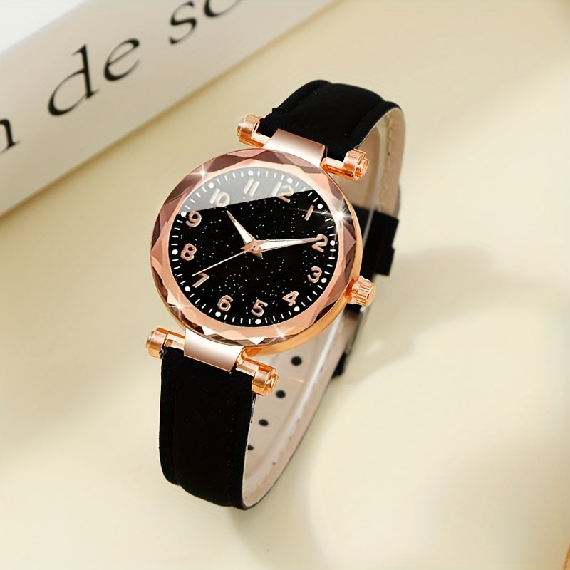 Women's Digital Quartz Watch and Heart Jewelry Set with PU Leather Band