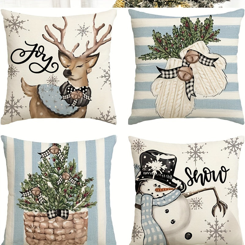 Set of Four Christmas Pillowcases Polyester Fabric 45x45cm Home Decor