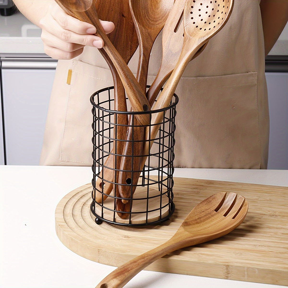 Kitchen Utensil Holder with Wooden Base for Countertop Storage and Drainage