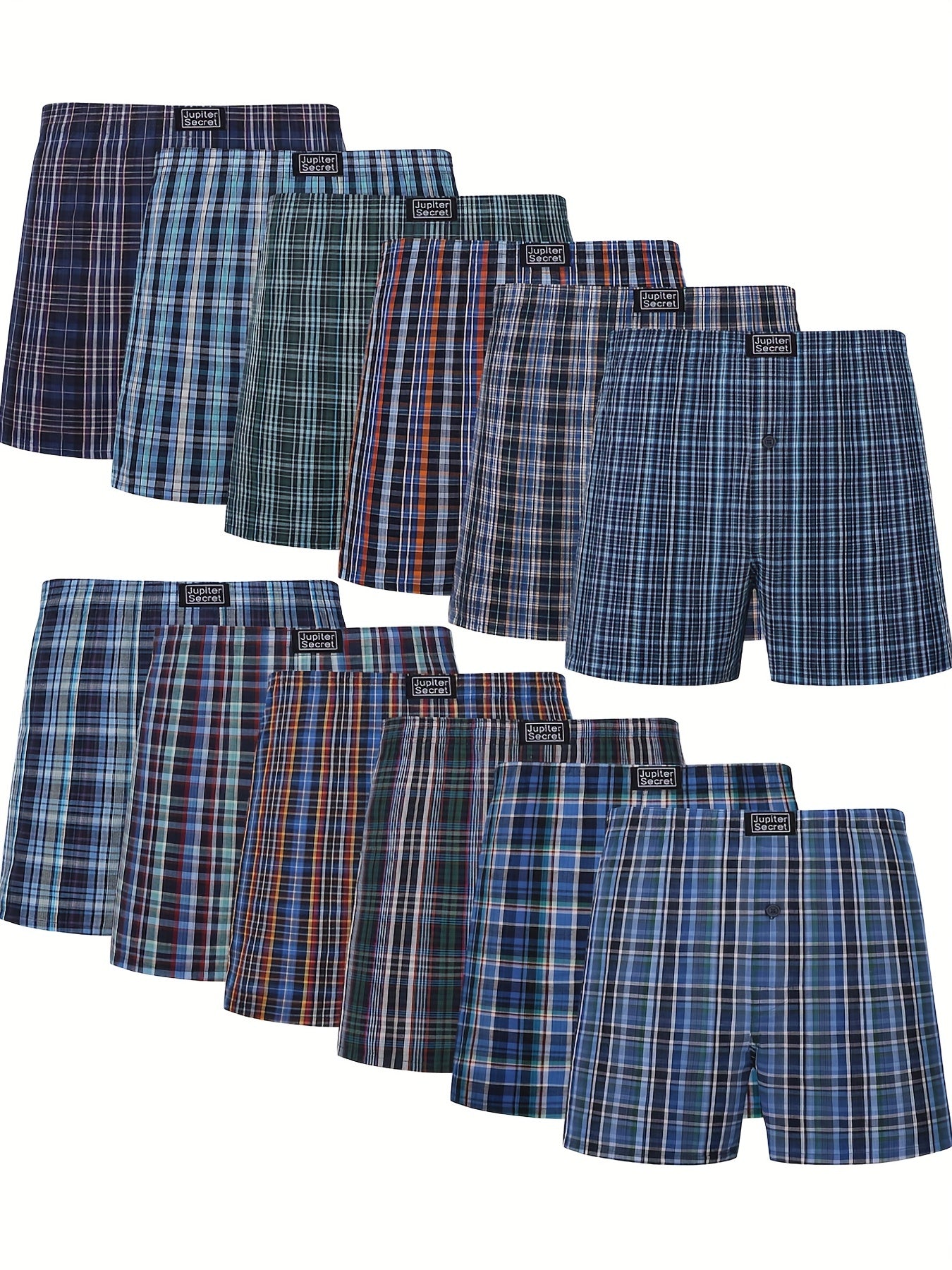 Men's Cotton Boxer Shorts 12-Pack Casual Plaid Elastic Waist Non-Stretch