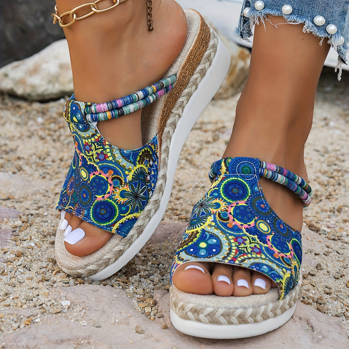 Women's Bohemian Style Slide Sandals Vibrant Geometric Pattern Open Toe
