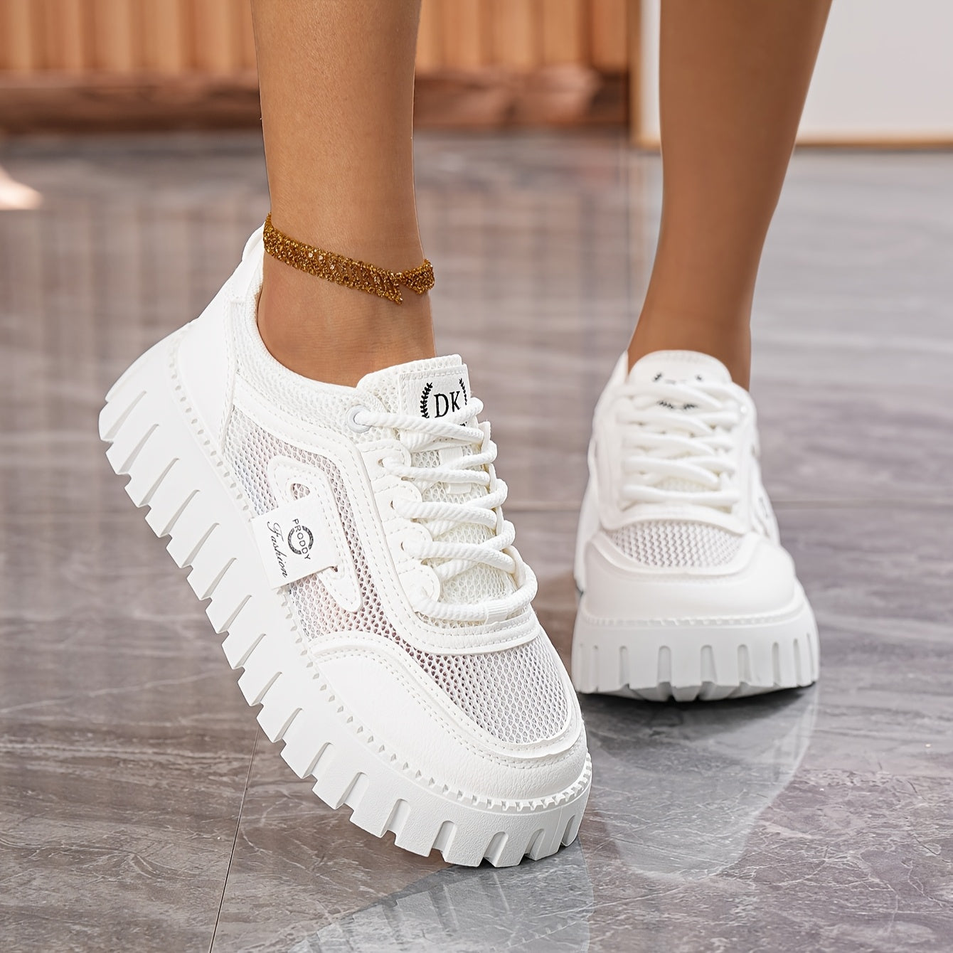 Women's Mesh Platform Sneakers White Cushioned Rubber Sole Summer Casual Shoes