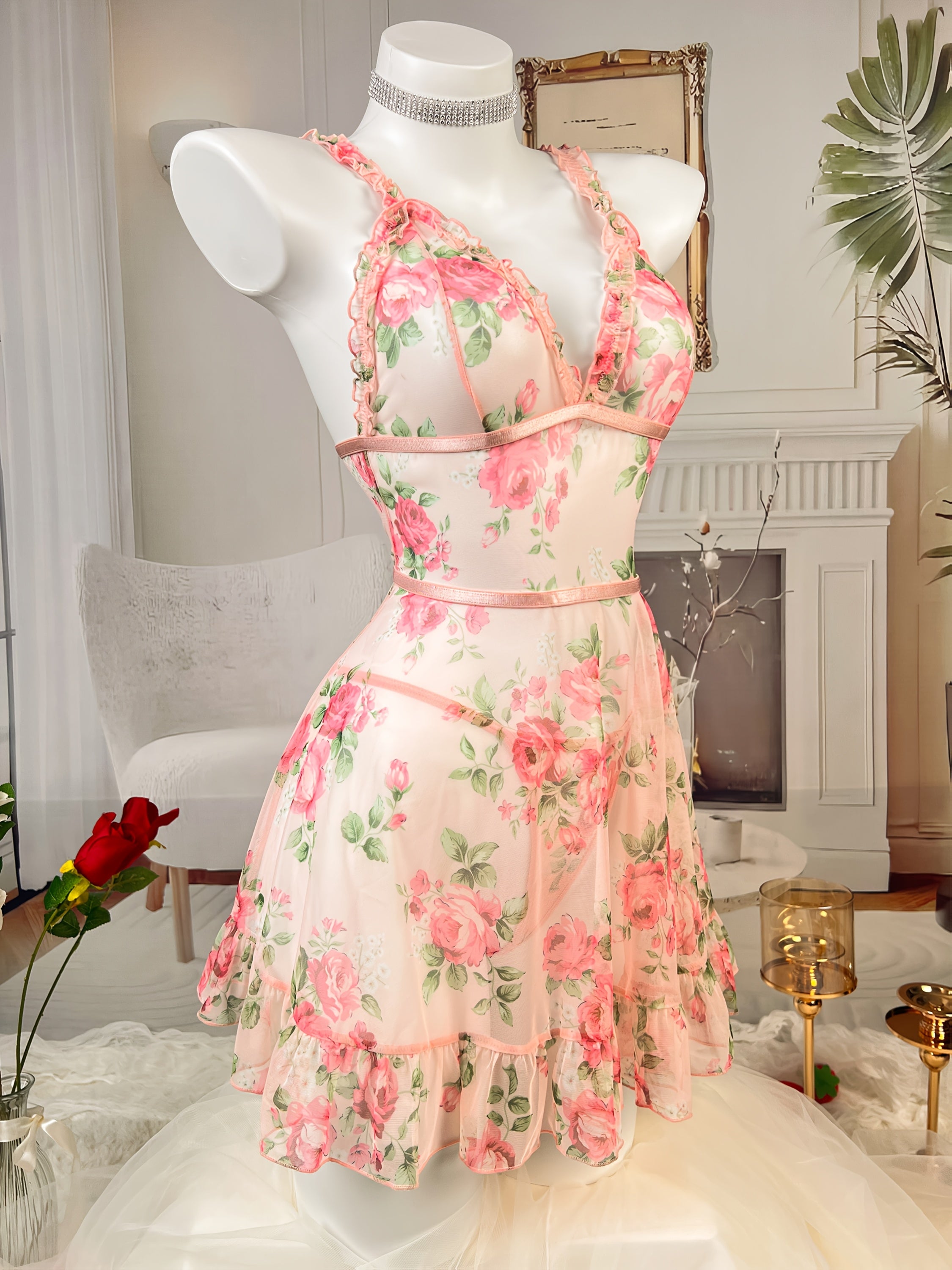 Conjunto de lencería con estampado floral, con camisón y tanga, tejido de poliéster y spandex, estilo maduro