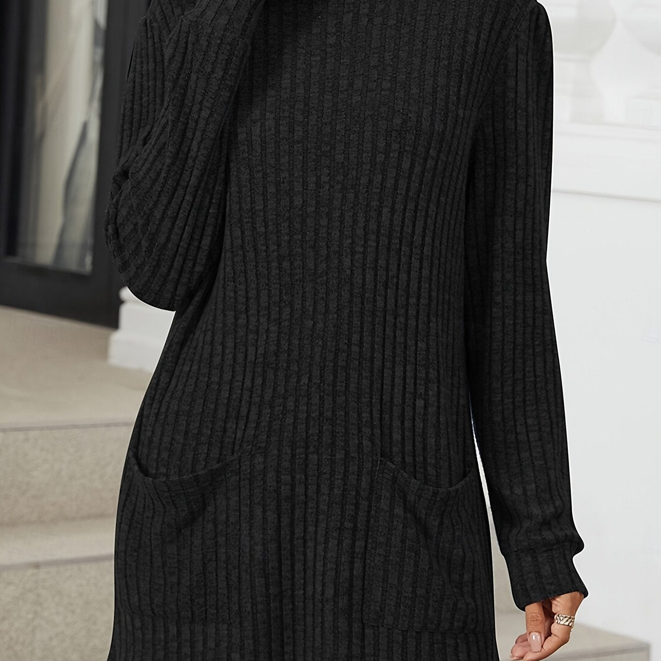 Plus Size Long Sleeve Top with Pockets Polyester Knit Solid Color