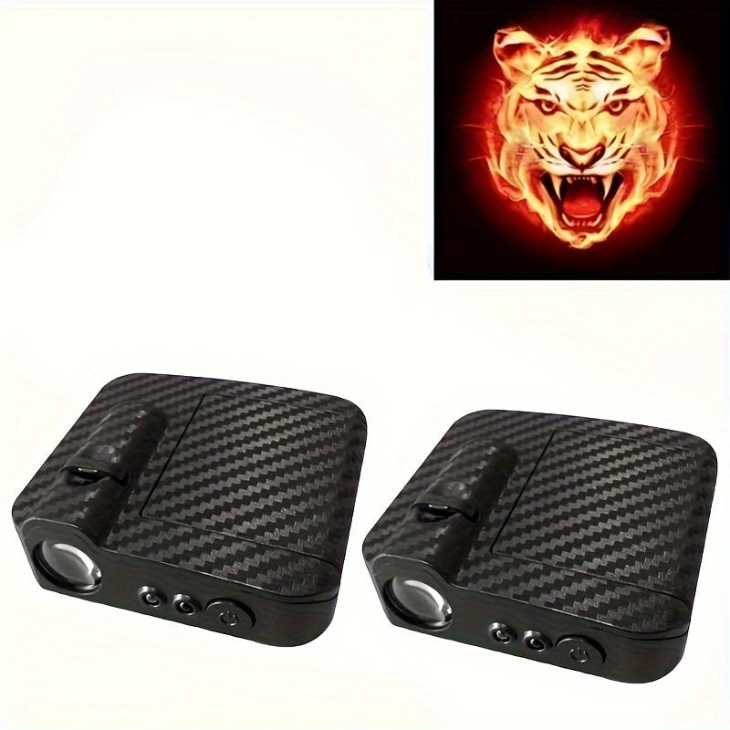 2pcs Wireless LED Car Door Projector Lights 3D Blue Fire Tiger Skull No-Drill Installation
