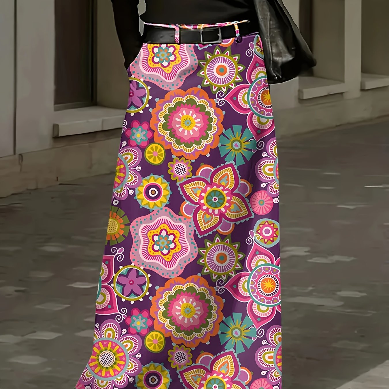 Plus Size Floral Print Maxi Skirt With Pockets Polyester Flared All-Season