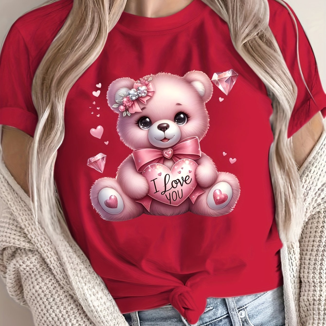 Women's Casual Crew Neck T-Shirt with Cartoon Bear Print Polyester Breathable All-Season