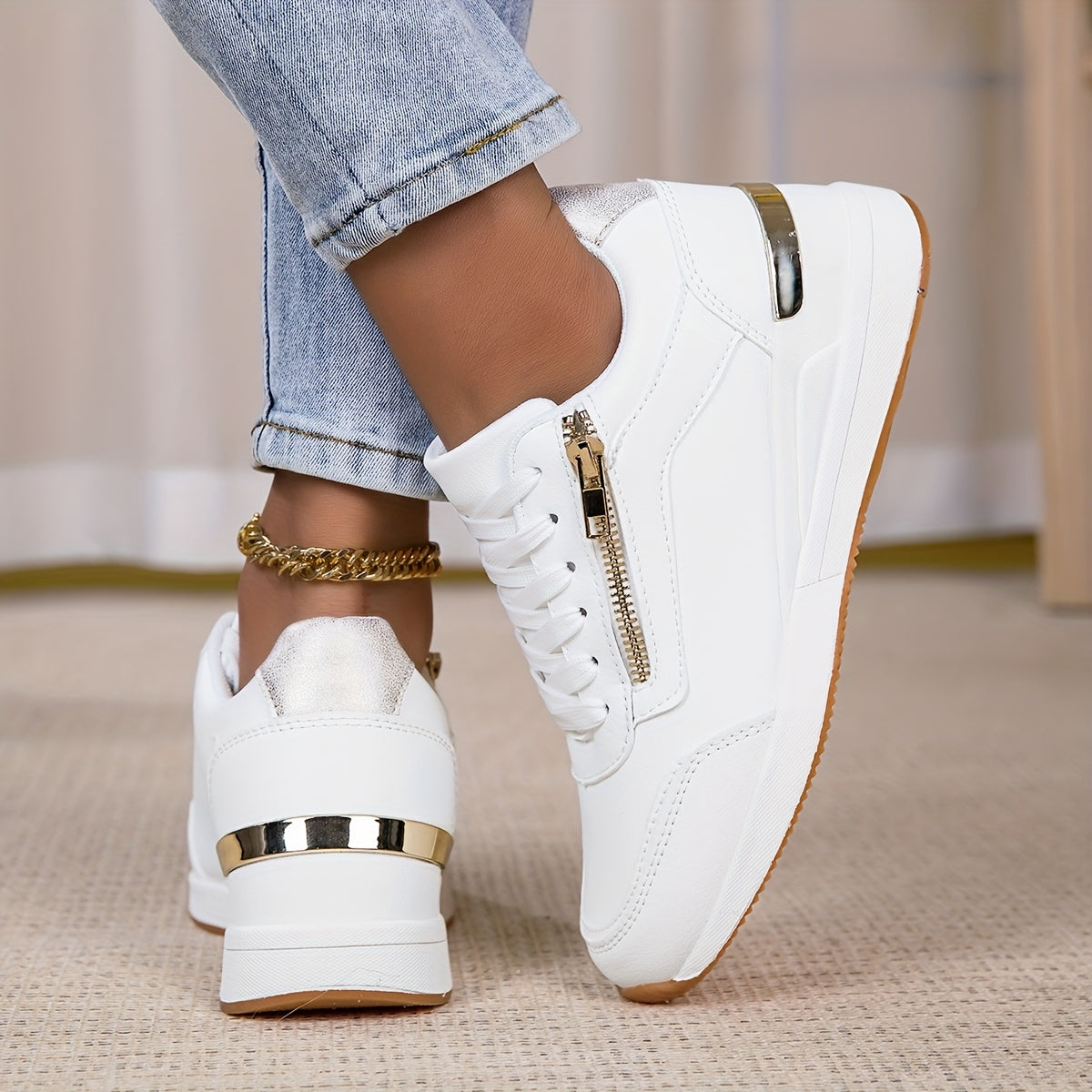 Women's White Low-Top Sneakers with Metallic Accents and Anti-Slip Sole