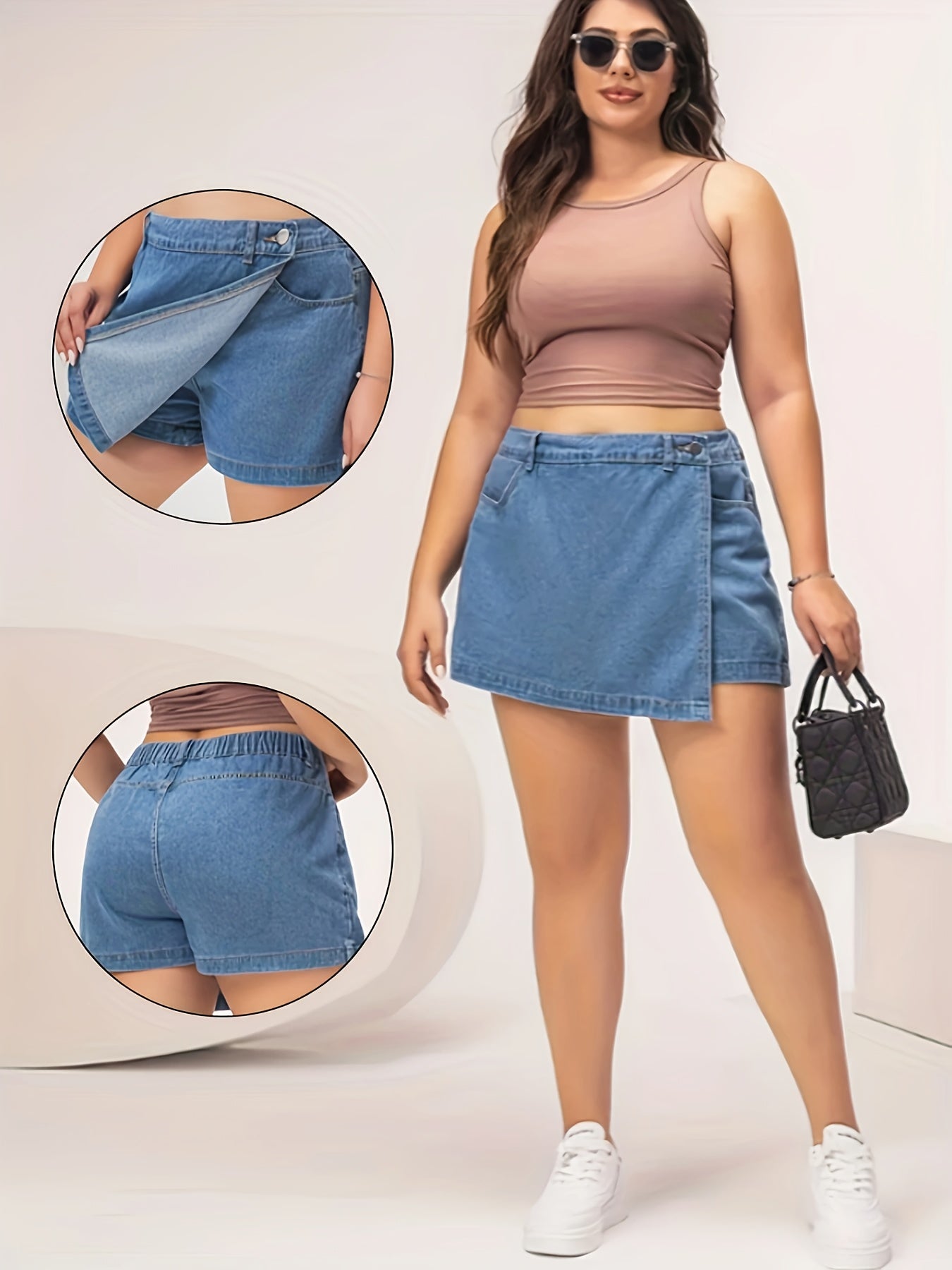 Ayollar uchun yuvilgan ko‘k asimmetrik 2-in-1 denim skort, katta o‘lcham