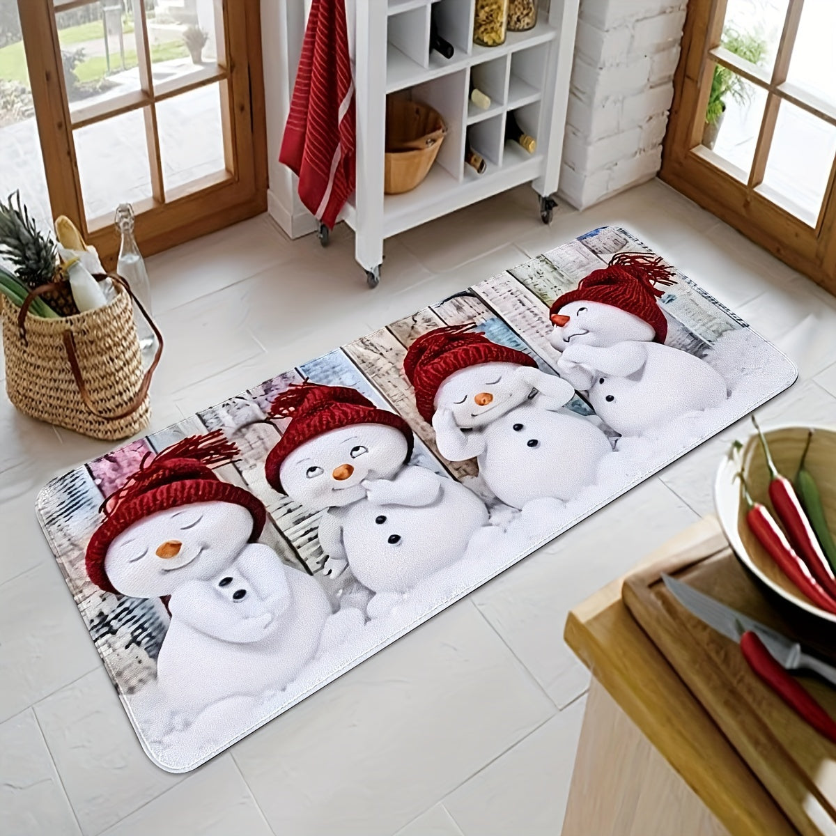 Christmas Snowman Kitchen Mat Non-Slip Absorbent Stain-Resistant Entryway Decor