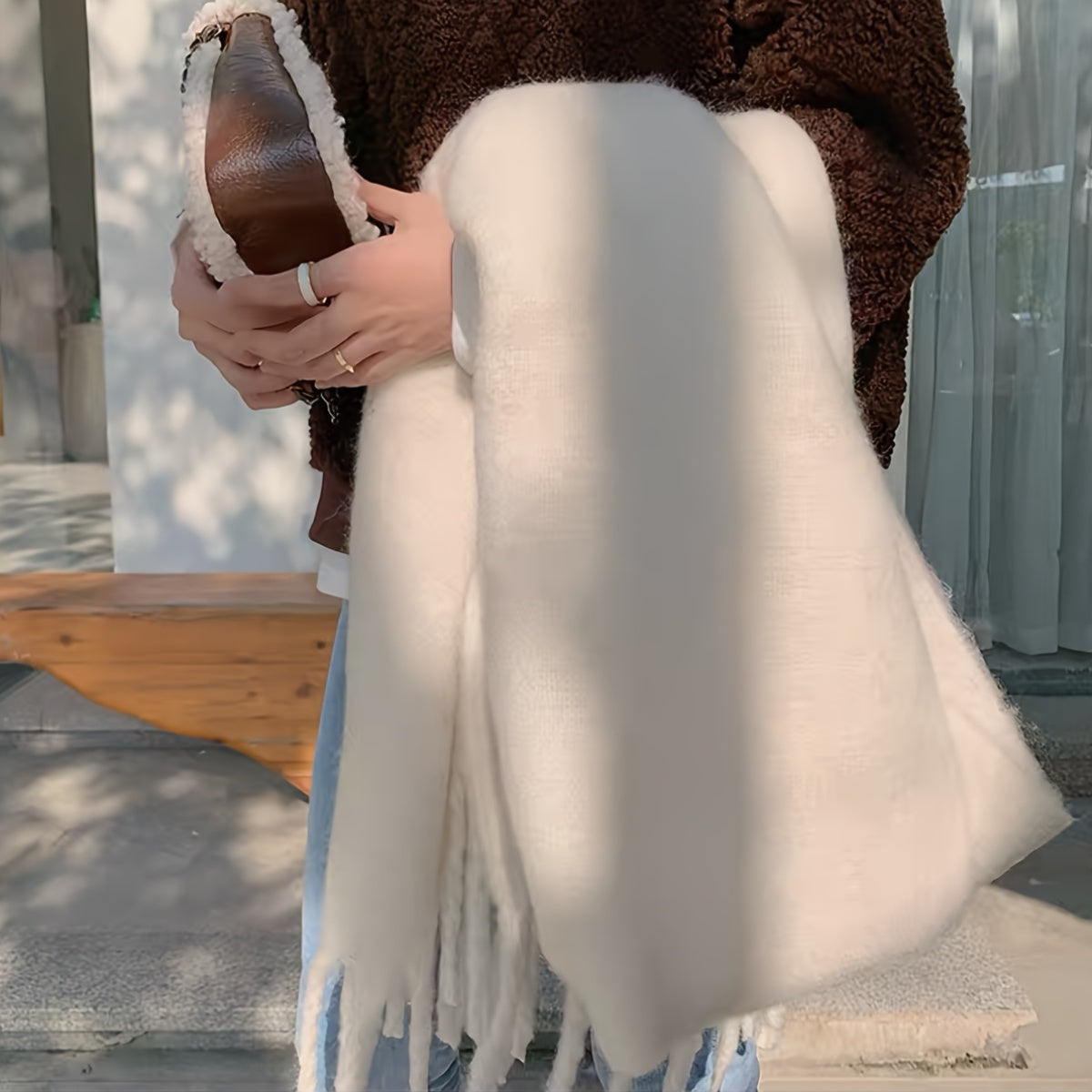 Women's Cozy Plush Solid Color Scarf with Tassels Warm Windproof Winter Shawl